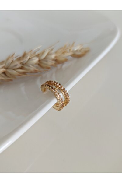 SU PERİSİ TAKI BİJUTERİ Kadın Gold 2 Sıra Zirkon Taşlı Earcuff Kıkırdak Küpe