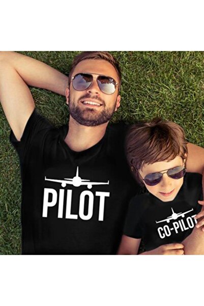 Bebeğimin Dolabında Baba Oğul Pamuklu Tişört Kombini Pilot Co-pilot Siyah T-s...