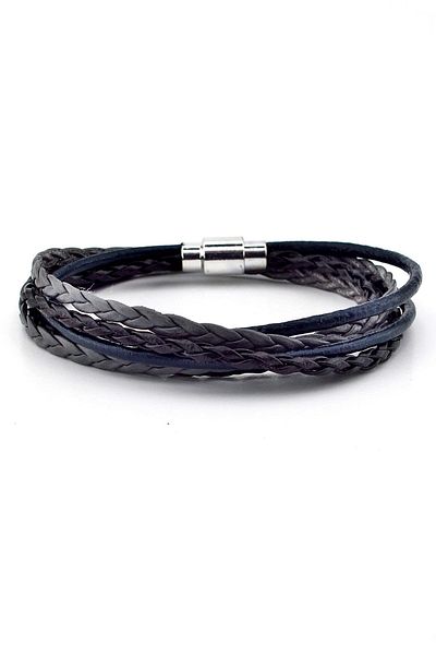 Solfera Gray Black Navy Blue Three Rows Double Wrap Leather Men's Bracelet M010b