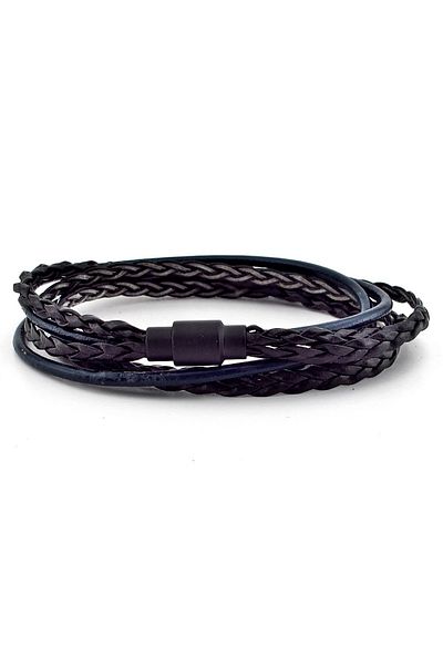Solfera Knitted Black Navy Blue Three Rows Double Wrap Leather Men's Bracelet M010c