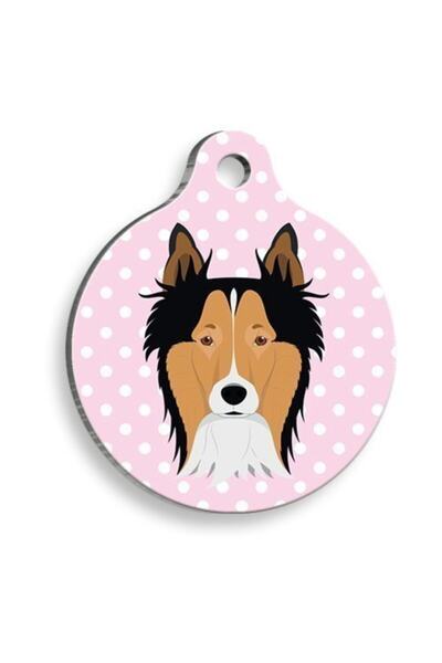 Generic Brand Pink Polka Dot Border Collie Round Dog Tag