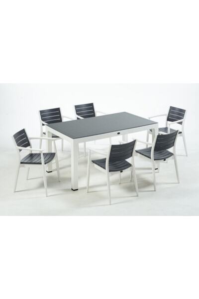 Novussi Regnum 6'lı Camlı Set 90*150 Masa Ve 6 Adet Koltuk Beyaz / Antrasit