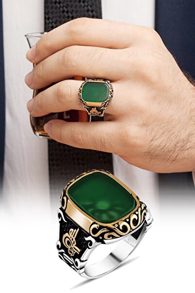 ALYANSEVİM Yeşil Akik Taşlı Tuğra Desenli Gümüş Erkek Yüzük