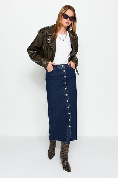 Trendyol Collection Indigo Button Closure Denim Denim Skirt TCTSS23EE00024
