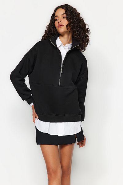 Trendyol Collection Черен плетен суитшърт с полар с дебела вътрешна част и широка кройка с половин цип TWOAW24SW00416