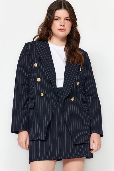 Trendyol Curve Marineblaue, gestreifte Webjacke mit goldenen Knöpfen - TBBAW24AG00027