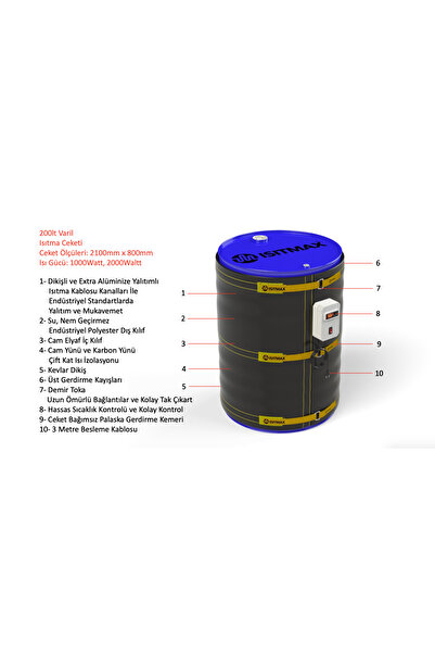 ISITMAX 200lt Endüstriyel Varil Isıtma Ceketi, Elektrikli Varil Isıtıcı 1650watt
