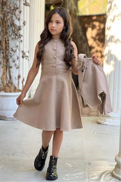 Riccotarz Girl's Sleeveless Beige Dress with Buttons on the Front and Zipper Detail on the Side
