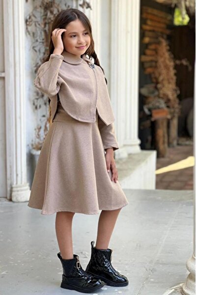 Riccotarz Girl's Sleeveless Beige Dress with Buttons on the Front and Zipper Detail on the Side