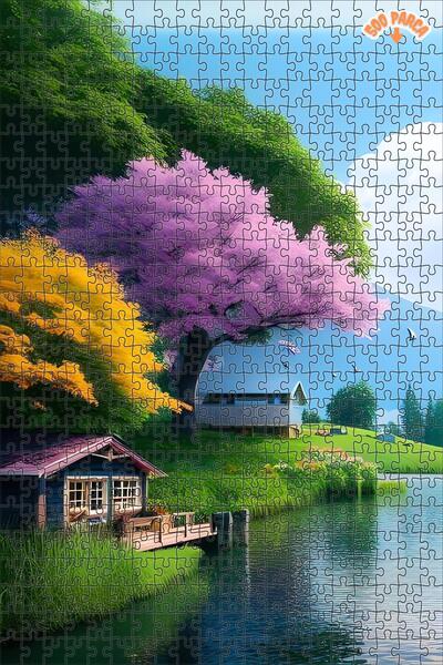 Teona Ahşap Sahil Kasabası Modern Sanat Yağlı Boya Çift Katlı Çerçeveli Asıla...