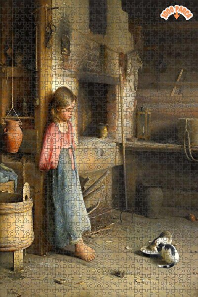 Teona Ahşap Kedi Besleyen Küçük Kız Dekoratif Çift Katlı Çerçeveli Asılabilir Ahşap Puzzle 1000 PARÇA 50X70