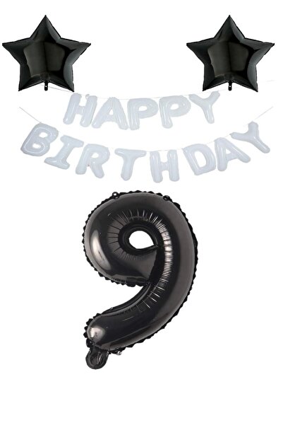 RÖNESANS PARTİ White Happy Birthday Set Black Star and Number Foil Balloon Se...