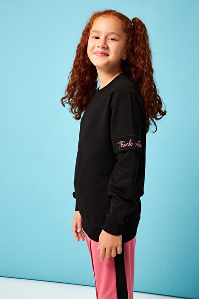 Perendi Think Positive Nakış Detaylı Kız Çocuk Sweatshirt Siyah