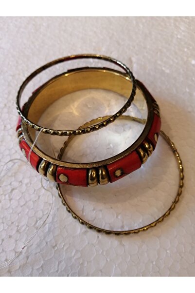 Butik Tülin Kadın Otantik El Yapımı Kırmızı Antik Hakiki Kemik Pirinç Kombin Üçlü Set Bilezik Hint Malı