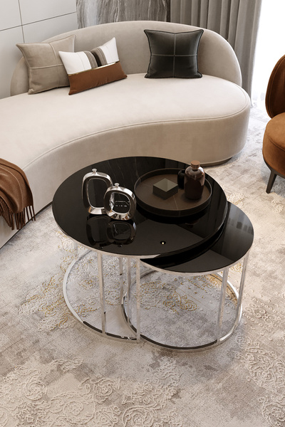 Nies Aksesuar Yavrulu Orta Sehpa Gümüş Ayak Siyah Ayna (Temperli)