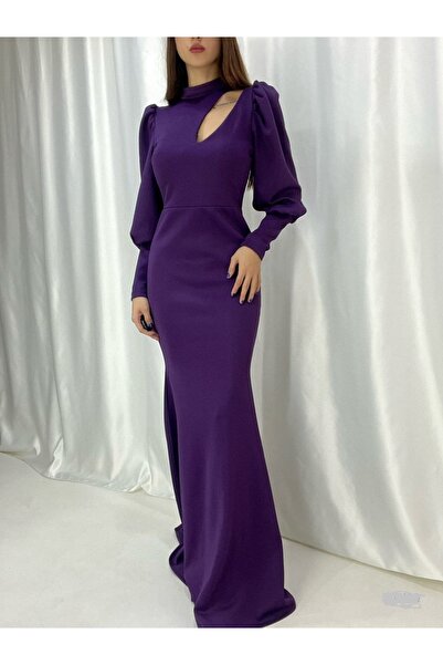 ModaLy Moda مرنة الغوص النسيج الأرجواني تاجر قطع الرقبة طويلة الأكمام مساء ال...