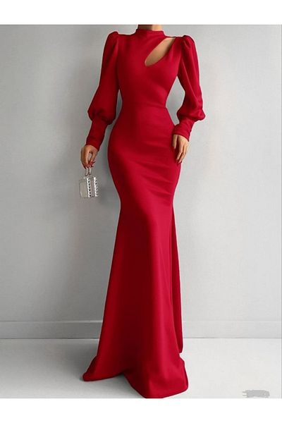 ModaLy Moda FLEXIBLE SCUBA FABRIC RED COLOR MERCHANT CUT NECK LONG SLEEVE EVENING DRESS GL-737 582279