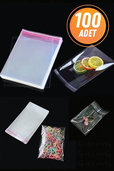 Eliz Party 13x20cm Şeffaf Bantlı Yapışkanlı Opp Parlak Jelatin Poşet Bijuteri Aksesuar Paketleme Poşeti 100 Ad