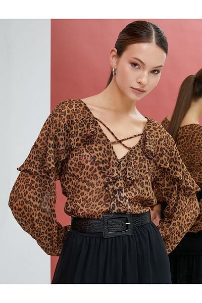 Koton Bluse mit Leopardenmuster, Chiffon, langärmelig, Rüschen, V-Ausschnitt