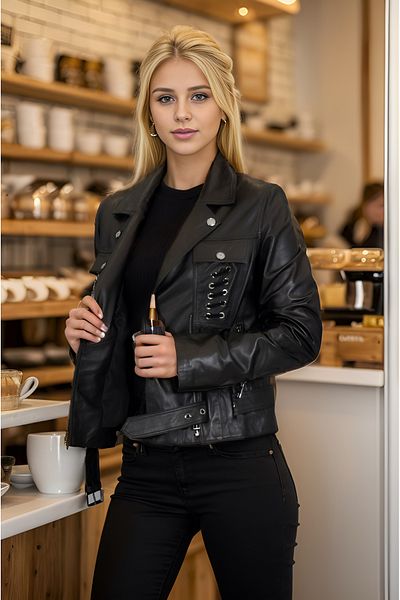 By Marki Marki Genuine Leather Jacket, Double Breasted Collar, Belted Design, Drawstring Pockets Leather Coat -100122