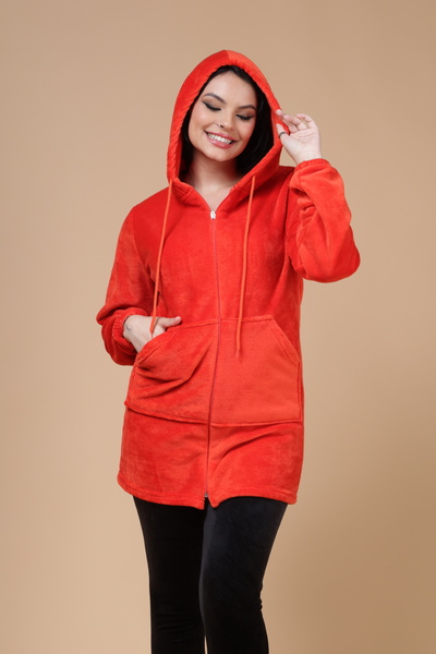 mervemoda Women's Coral Colored Set - Upper and Lower Velvet, Hood with Zipper, High Quality