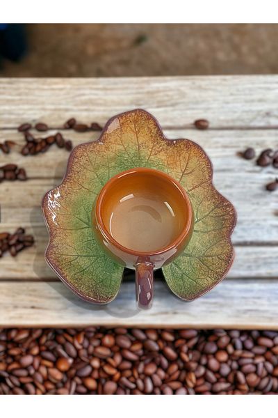 Artistic Quality Tea and Coffee Cup Set with Decorative Pumpkin Leaf Figure, Green and Coffee Colors for 1 Person