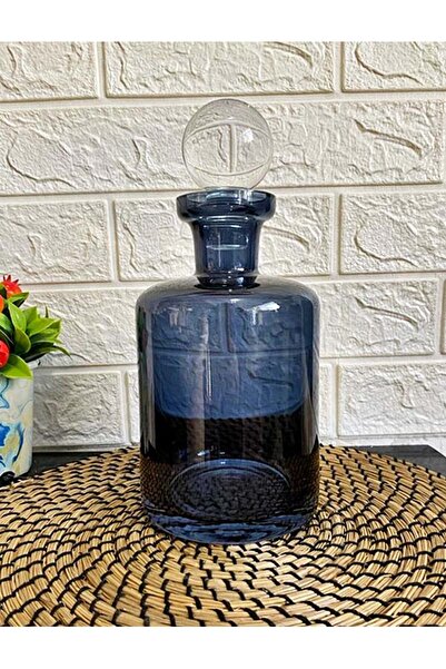 Jenisa El Yapımı Cam Lina Mavi Renkli Karaf Kapaklı Şişe Vazo