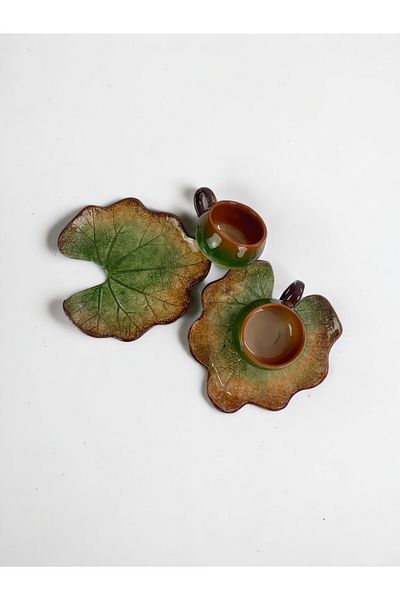 Artistic Quality Tea and Coffee Cup Set with Decorative Pumpkin Leaf Figure, Green and Coffee Colors for 2 People