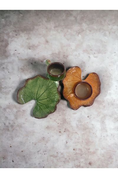 Artistic Quality Tea and Coffee Cup Set with Decorative Pumpkin Leaf Figure, Green and Brown Colors for 2 People