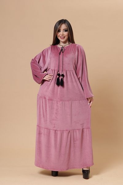 mervemoda فستان نسائي مخملي داستي روز بطول أكبر مني