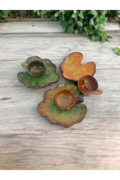Artistic Quality Decorative Pumpkin Leaf Figured, Green and Coffee Colored Tea Coffee Cup Set for 3 People