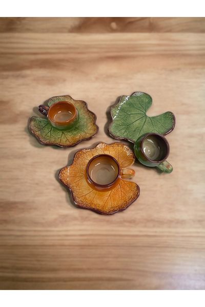 Artistic Quality Decorative Pumpkin Leaf Figured, Green and Coffee Colored Tea Coffee Cup Set for 3 People