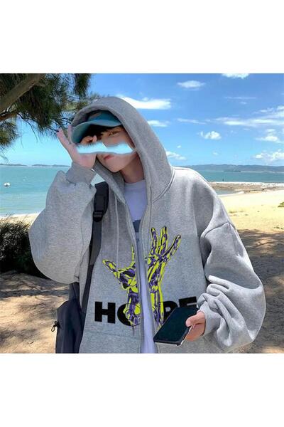 Violon سترة بقلنسوة رمادية كبيرة الحجم مطبوعة يدويًا من Hope للجنسين