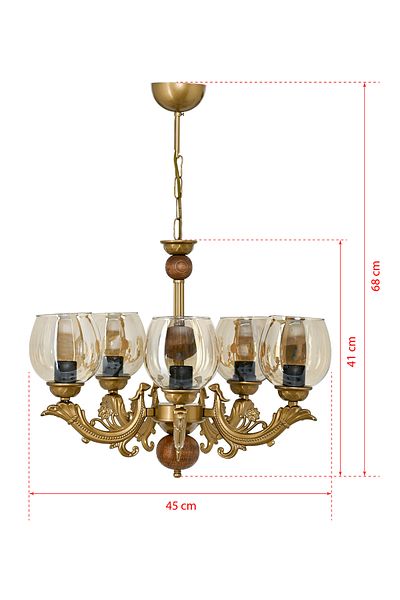 DEDE FIVE ARMED WOODEN TOLD SAVA ZAMAK CHANDELIER WITH HONEY COLOR GLASS