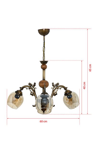 DEDE THREE ARMS WOODEN TOLD LALE ZAMAK CHANDELIER WITH HONEY COLOR GLASS