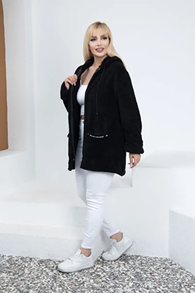 xlargebutik PLUS SIZE WOMEN'S CLOTHING BLACK FLEECE WITH POCKET DETAIL