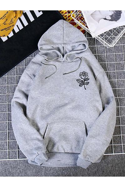 styledream Dreammoda Унисекс сив суичър с качулка с щампа на роза