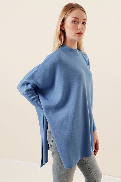 lovebox Detaliu cu fantă laterală, mânecă liliac lată, guler rotund, supradimensionat, cu potrivire largă, tricotaj, albastru, pulover 15783