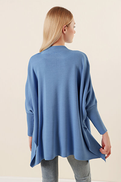 lovebox Розрізи з боків Деталі Широкі рукави-крила Круглий комір Oversize Широкий крій Синій трикотажний светр 15783