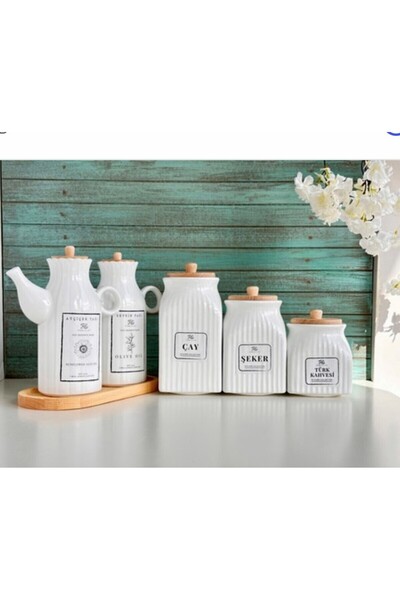 Pembelia Life 6 Parça Bambu Standlı Porselen 1000ml Yağdanlık Ve 3'lu Çay Şeker Türk Kahve Kavanoz Seti Yağlık Set