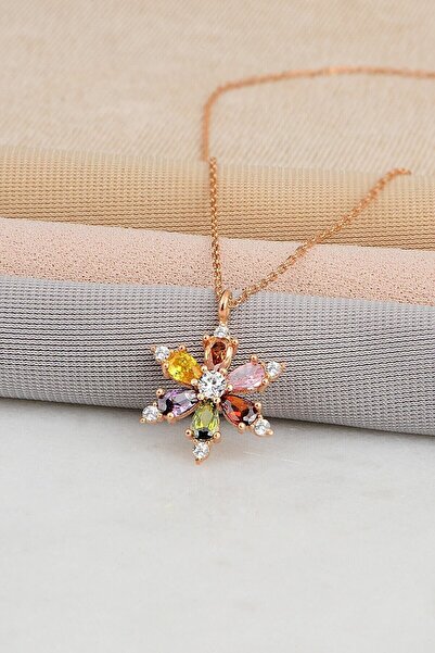 KAR DİAMOND 925 Ayar Gümüş Zincirli Rose Kaplama Damla Miks Taşlı Kamelya Lotus Çiçeği Kolye