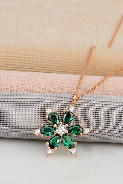 KAR DİAMOND 925 Ayar Gümüş Zincirli Rose Kaplama Zümrüt Damla Taşlı Kamelya L...