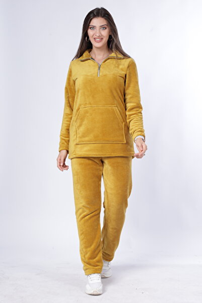 mervemoda Women's Mustard collar zipper welsoft high quality fabric tracksuit double set