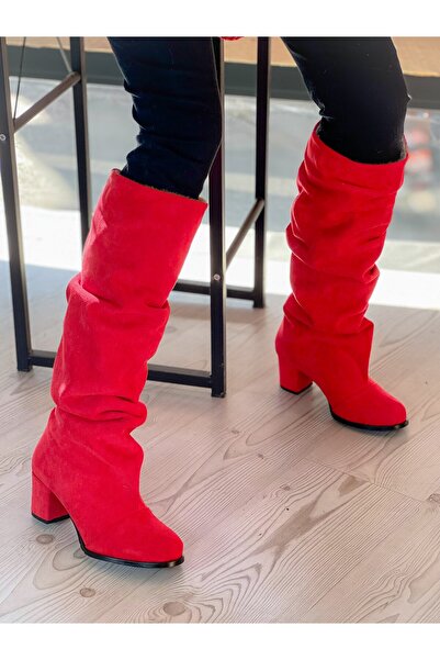 irmona Pusı Kırmızı Lüks Süet Körüklü Diz Altı Çizme