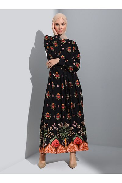 Refka Natural Fabric Patterned Hijab Dress - Black Coral Flower Pattern -