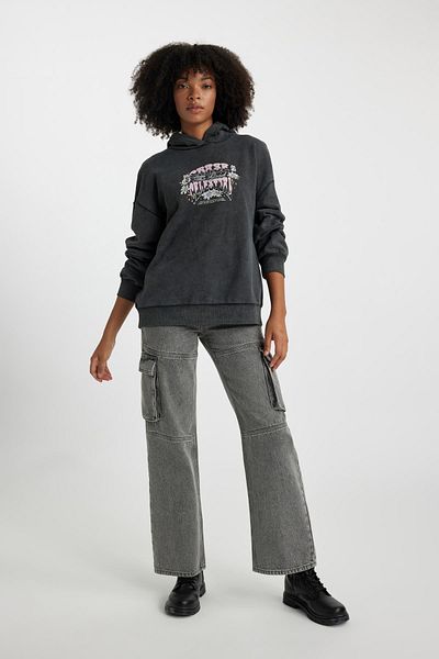 DeFacto Oversize Wide Fit Back Printed Hooded Faded Washing Effect Thick Sweatshirt B7282Ax23Wn