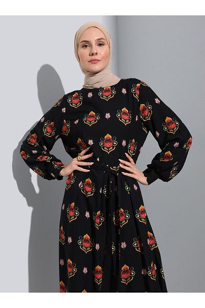 Refka Natural Fabric Patterned Hijab Dress - Black Coral Flower Pattern -