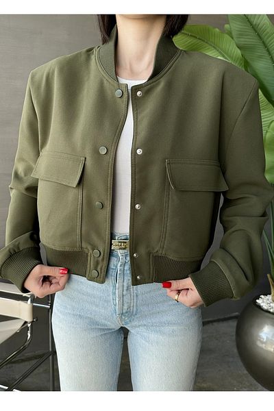lovebox 50 Cm Khaki Bomber Jacket with Snap Buttons, Ribbed Elastic Edges, Wide Pockets 24k54404