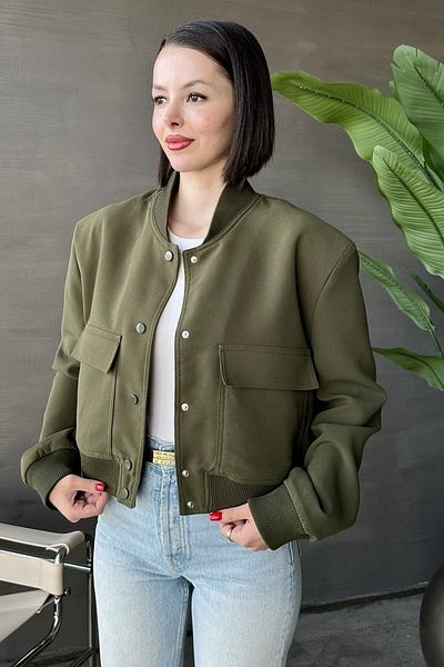 lovebox 50 Cm Khaki Bomber Jacket with Snap Buttons, Ribbed Elastic Edges, Wide Pockets 24k54404