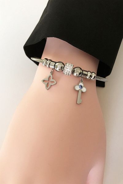 SilverStone Women's Evil Eye Beaded Key Model Silver Color Steel Bracelet